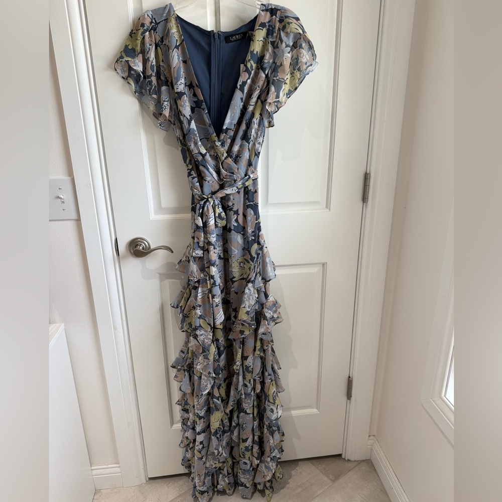 Lauren Ralph Lauren Floral Georgette V-Neck Short Flutter Sleeve Ruffle A-Line - Picture 4 of 6